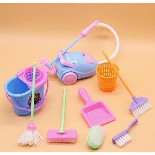 Miniature Mop Dustpan Bucket Brush Housework Cleaning Tools Set Dollhouse Garden Accessories for Barbie Dolls