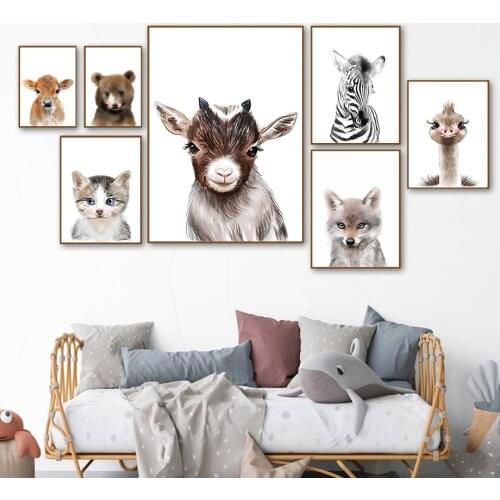 Zebra Fox Bear Squirrel Cat Donkey Cow Bird Poster Animal Wall Art Canvas Painting Baby Nursery Print Abstract Kids Room Decor