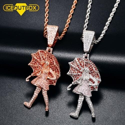 ICEOUTBOX Umbrella Girl Pendant Necklace Red Pink Iced Cubic Zirconia Hip Hop Fashion Charmb Women Men Jewelry Gold Silver Color