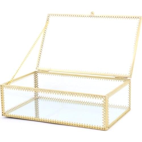 Rectangle Gold Brass Glass Ring Trinket Box Lace Edged Wedding Ring Box Clear Glass Jewelry Box Tabletop Home Organizer