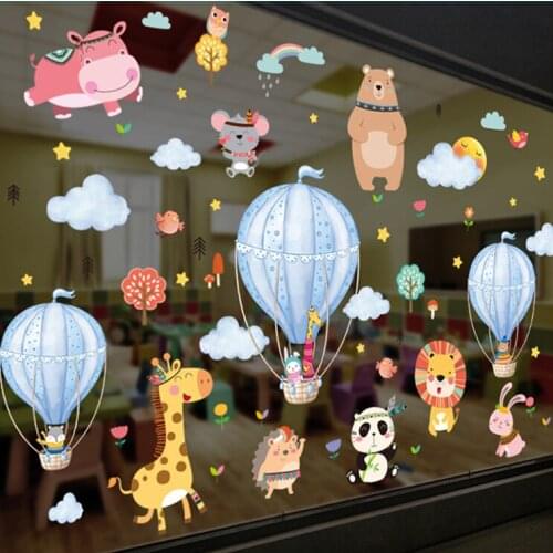 [SHIJUEHEZI] Cartoon Animals Wall Stickers DIY Hot Air Balloons Mural Decals for Kids Rooms Baby Bedroom Nursery Home Decoration