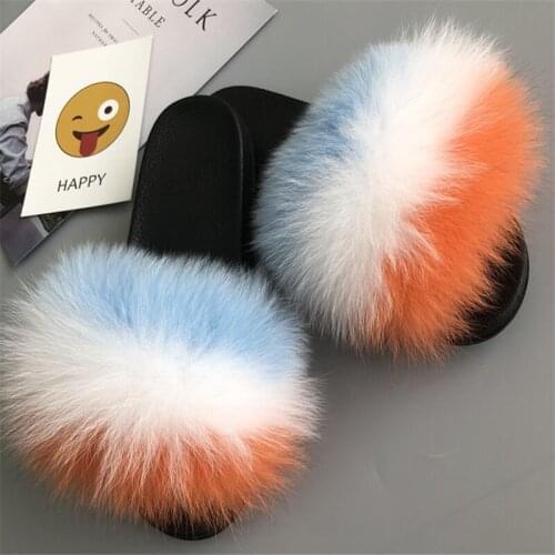 Fashion Women Real Fox Fur Slippers Girls Lovely Fluffy Fox Fur Shoes Womens Soft Slides Female Luxury Fox Raccoon Sandals