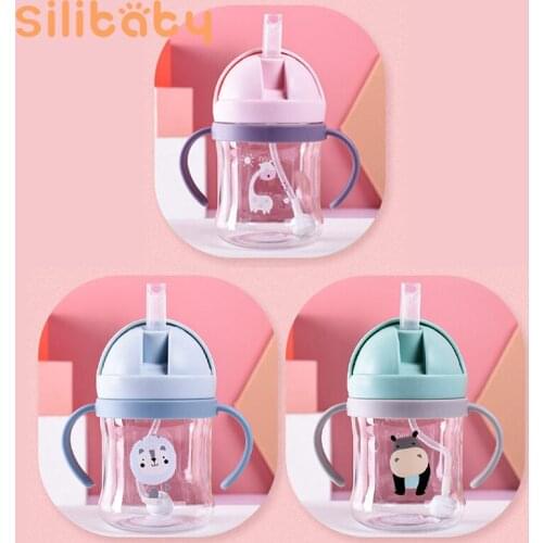Silibaby Baby Silicone Cartoon Straw Cup Baby Learning Drink Cup Children Leak Proof Water Cup Children With Handle Drinker
