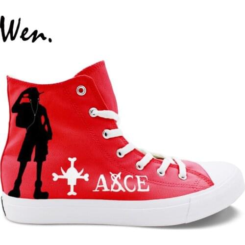 Wen Design Hand Painted Red Shoes One Piece Portgas D Ace Luffys Hat High Top Men Boys Canvas Anime Shoes Sneakers Women