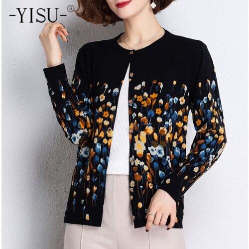 YISU Spring New Women Sweater Cardigan O-Neck Buttons Printing Cardigan for women Female Long sleeve Casual Knitted Cardigan