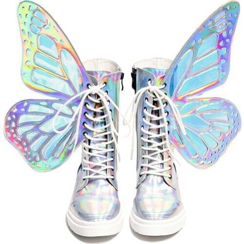 Women Butterfly Wings Flat Boot Shine Silver Short Boots Lace Up Colorful Ladies Shoes Sneakers With Sequine Women Sneaker