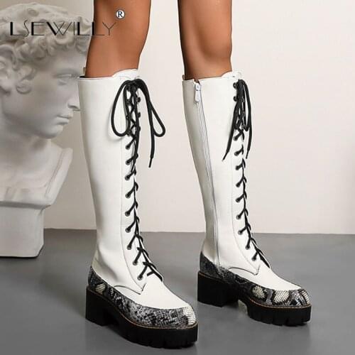 Lsewilly 2021 Square Heel PU Leather Women Shoes Casual Round Toe Lace Up Zip Fashion Ladies Knee High Boots Big Size 34-43