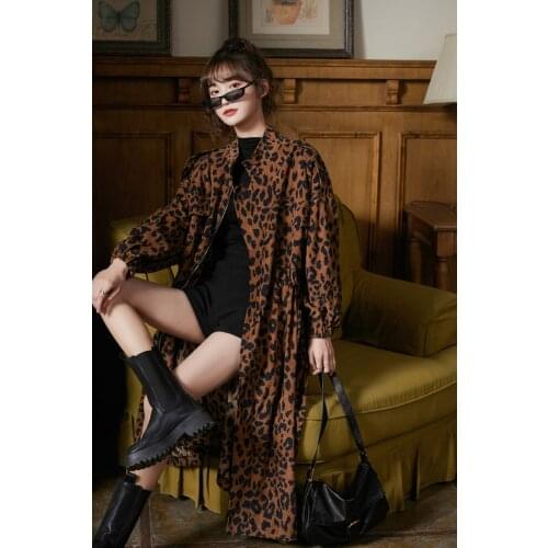 Women Trench Printing Leopard windbreaker Womens mid Long Spring Autumn 2020 thin Korean Loose Tooling Coat Trench 892H