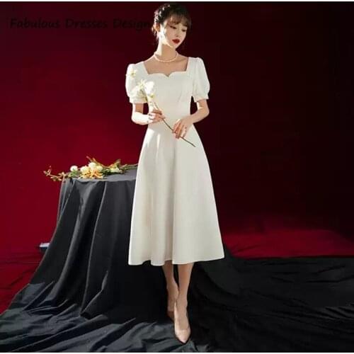 Formal White Tea Length Bridesmaid Dresses Short Sleeve Pearls Satin A Line Wedding Party Dress 2021 Robe De Soirée De Mariage