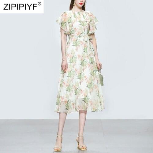 2021 Summer Runway Fashion Bohemian Style Floral Printing Short Sleeve High Waist Ball Gown Beach Elegant Women Dressess Z059