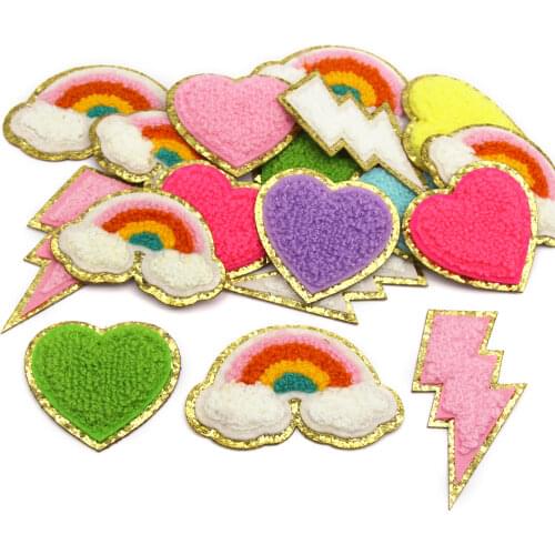 1Pcs Heart Rainbow Lightning Chenille Embroidery Patches Applique Bling Sequins Iron On Patch For Clothing Sew Accessories