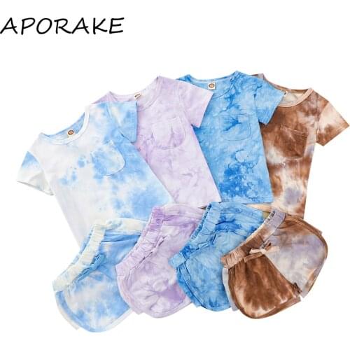 2021 1-6Y Summer Toddler Baby Boy Girl Clothes Tie-dye Print Round Neck Short Sleeve T-shirt+Elastic Waist Bow Loose Shorts 2pcs