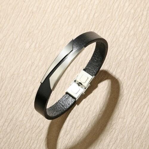 Chandlel Stainless Steel Leather Bracelet Mens Slanted Edge Style Korean Double Leather Rope Hand Jewelry