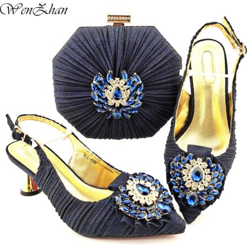 D.blue Italian Design Soft Shoes And Bags Summer Newest Shining Crystal Decoration African Women Shoe and Bag Set 38-43 e17-12