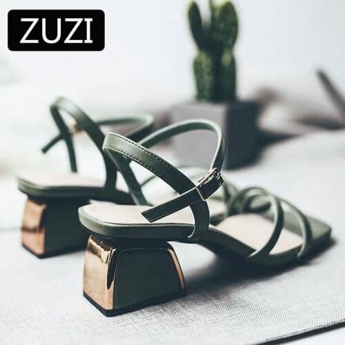 ZUZI Roman Sandals Female 2021 New Summer Fairy Style Word Belt Womens Shoes Korean Version Wild Thick Heel High Heels Slippers