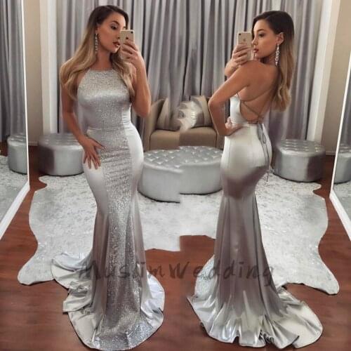 Elegant Mermaid Silver Prom Dresses Sexy Backless Silk Satin Plus Size Evening Dress With Lace 2020 Long Formal Graudtion Dress