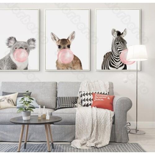 Cartoon Pictures Style Canvas Painting Wall Poster Cute Animals Zebra Bear Giraffe Bubble Chewing Gum for Home Rooms Decoration