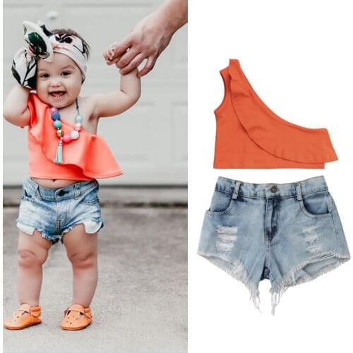 2pcs Toddler Kids Baby Girls Outfits Clothes Summer Orange Sloppy Shoulder T-shirt Tops + Denim Pants Trousers Set