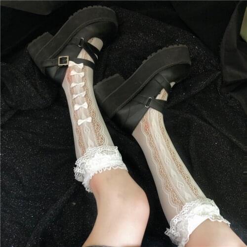 Lolita Style Socks Japanese Style Thin Mesh Bow for Cute Girl Mid-Calf Calf Socks Lace Tube Socks kawaii socks