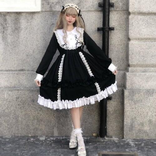 Kawaii Gothic Lolita Dress Women Spring 2021 Long Sleeve Splicing Ruffle Midi Princess Dress Soft Girl Cosplay Cute Lolita Dress