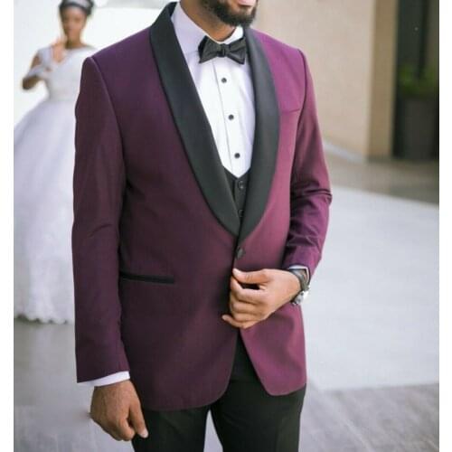 Men Suits Burgundy and Black Groom Tuxedos Shawl Lapel Groomsmen Wedding Best Man ( Jacket+Pants+Bow Tie+Vest ) C682