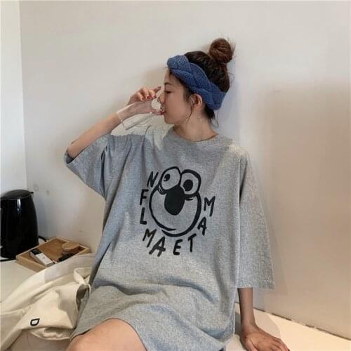 New Women T shirt Casual White Loose Tops Tee Summer Cotton T shirt Cute Ladies Long T shirt For Girl Gray Clothing M~2XL