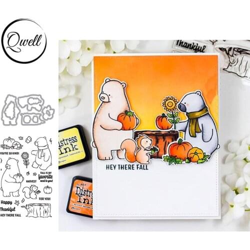 QWELL Bear Squirrel Friends Metal Cutting Dies & Clear Stamps Sunflower Pumpkin Tumber DIY Scrapbooking Cards Craft 2020 New