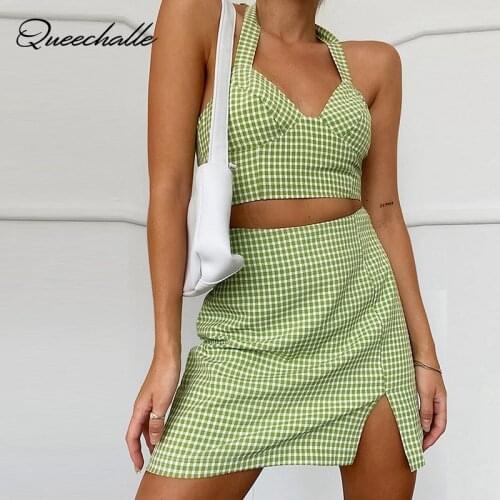 Sexy Two Piece Set Backless V neck Halter Crop Top and Mini Skirts Party Club Wear Plaid Women Clothing Summer 2021 Short Suits