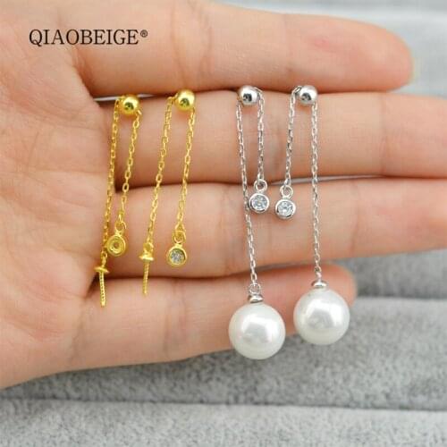 QIAOBEIGE earring findings for diy jewelry elegant pearl stud earrings with length adjustable chain 925 Sterling silver