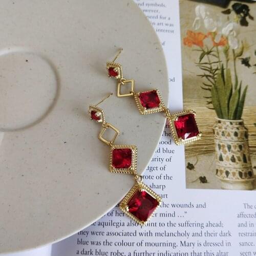 925 Sterling Silver Gold Rhombus Long Wedding Crimson Estate Style Bridal Ruby Drop Earrings , Girls Red CZ Zircon Earrings