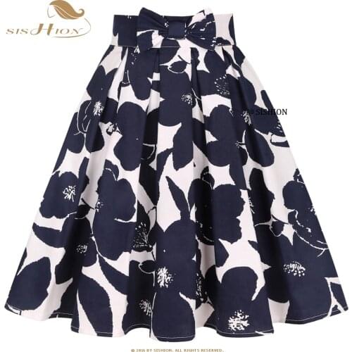 SISHION White Blue High Waist Bow Floral Skirt SS0012 XS-XXL Y2K Vintage Cotton Plus Size Women Clothes Pleated Summer Skirts