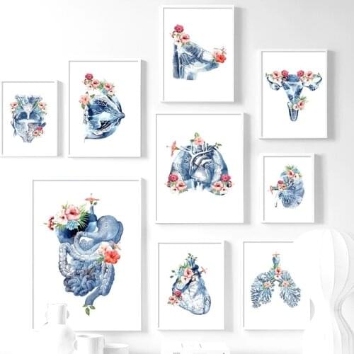 Nordic Blue Flower Human Organs Anatomy Breast Lung Posters and Prints Wall Art Canvas Painting Pictures for Doctors Room Decor