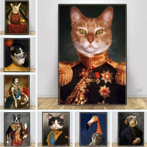 Vintage Animal Head Human Body Canvas Painting Nordic Deer Cat Dog Portrait Posters Print Wall Art Picture for Room Home Decor