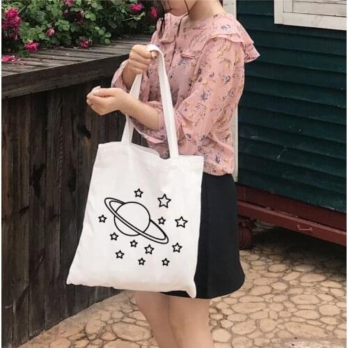 Space Illustration Canvas Tote Bag Large Capacity Reusable Shopping Bag Women Beach Handbags Printed School Bags