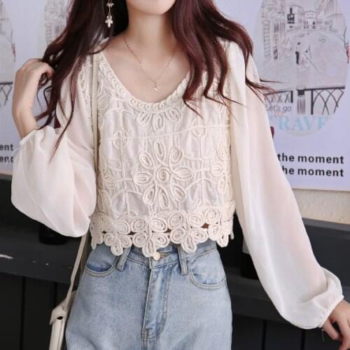 2021 Summer White Blouse French Hook Flower Hollow O-Neck Blouse Women Long Sleeve Chiffon Shirt Elegant Apricot Tops 14124