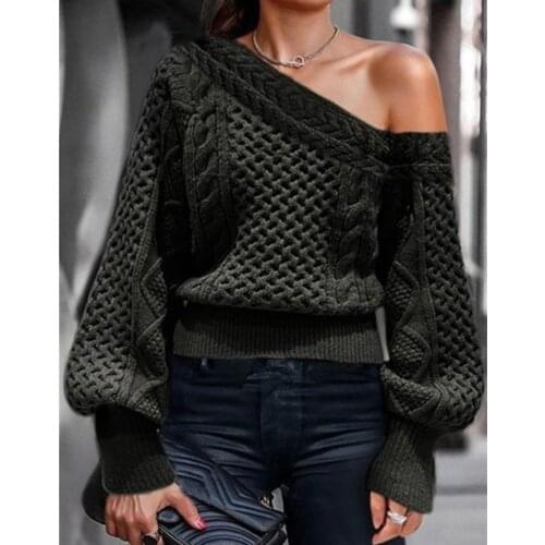 Womens Irregular Neck Knit Off Shoulder Long Lantern Sleeve Loose Soft Pullover Autumn and Winter Sweater Female Solid Knitwear