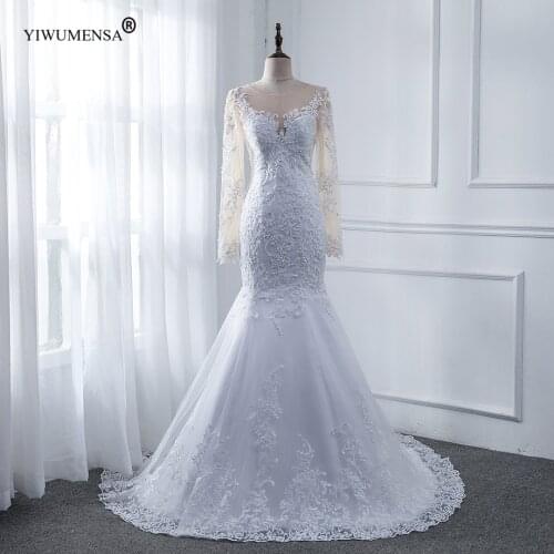 A13 Skin Tulle Long Sleeves Mermaid Wedding Dress For Women Appliques Bohemian Plus Size See Through Pearls Buttons Back Dresses