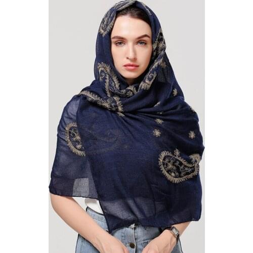 2019 women plain cotton scarf gold embroidery Head hijab wrap solid cover-up shawls foulard femme headband muslim hijabs store