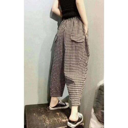 2021 Women Casual Vintage Plaid Pants Female Elastic Waist Loose Pants Lady High Waist Trousers Loose Wide Leg Retro Pants H163
