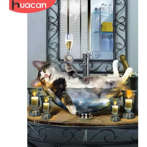 HUACAN 5d Diamond Painting Cat DIY Mosaic Bathroom Full Square/Round Diamond Embroidery Animal Home Decor Craft Kit
