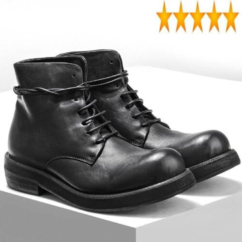 Ankle Men Casual High-Top Riding Boots Vintage Genuine Leather Sneakers Luxury Trainers Black Lace Up Work Shoes Botas