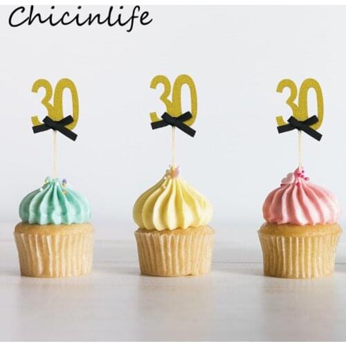 Chicinlife 5Pcs Gold 30 40 50 60 Year Old Cupcake Toppers Adult Birthday Party Decoration Anniversary 30th Birthday Supplies