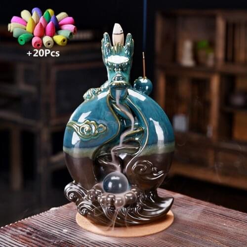 Chinese Mascot Dragon With Ball Waterfall Backflow Incense Burner With 20 Cones Incense Stick Holder, Aromatherapy Ornament, Zen