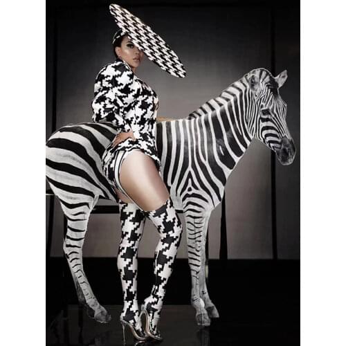 Bar night club Party Celebrate Stage Wear Zebra Puff Sleeve Bodysuit Performance Outfit Costume sets