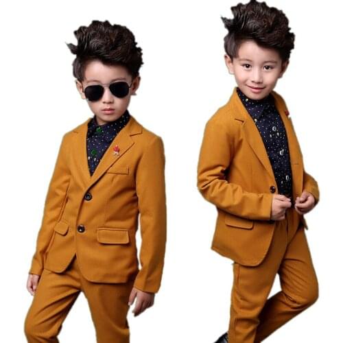 Cute boy suit set gentleman style solid orange tops pants set for 2-10years boys kids children causal clothes set
