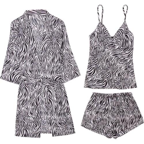 Spring Summer 3 Piece Pajamas Set Printed Sling Pajamas Set Soft Breathable Imitation Silk Home Wear Casual Pajamas Sleepwear