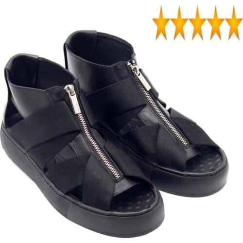 Mens Gladiator Open Toe Designer High Top Platform Summer Hollow Out Zipper Cow Genuine Leather Sandals Boots Plus Size