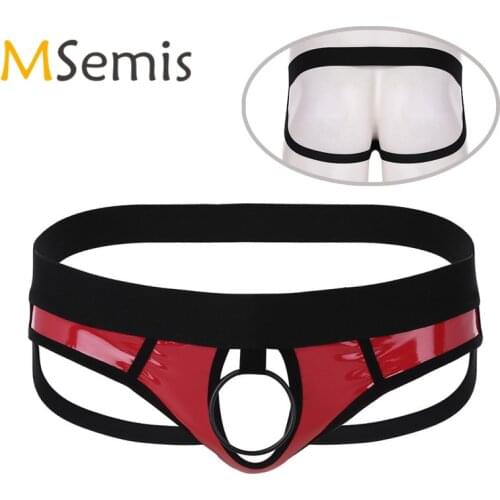 MSemis Men Jockstrap Sexy Lingerie Panties Faux Leather Open Butt String Homme Thong Male Gay Underwear with O-rings Penis Hole