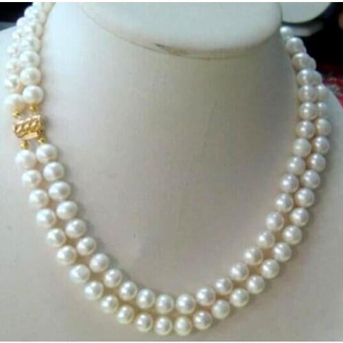 2rows 8-9mm white cultured freshwater pearl necklace 17" 18"