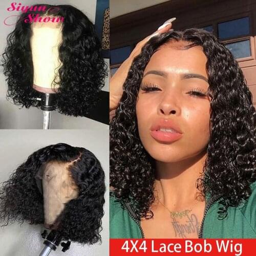 Siyun Show Brazilian Curly Bob Wig 4x4 Lace Closure Wig Short Curly Human Hair Wigs For Black Women Remy Human Hair Lace Wigs